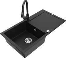 Mexen Leo chiuvetă de bucătărie din granit cu 1 compartiment și scurgător și baterie Elia, negru - 6501-77-670101-70