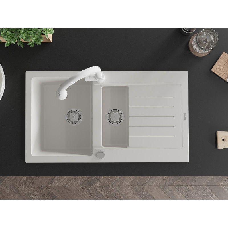 Mexen Matias gránit mosogató 1,5 rekeszes csepegtetővel és Elia konyhai csappal, fehér - 6502-20-670101-20