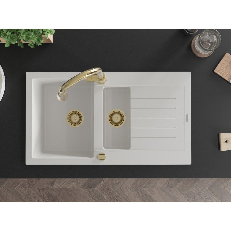 Mexen Matias chiuvetă din granit cu 1,5 compartimente, cu scurgător și baterie de bucătărie Elia, alb - 6502-20-670101-50