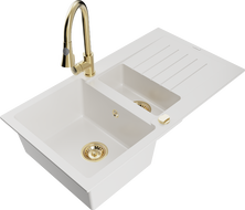 Mexen Matias chiuvetă din granit cu 1,5 compartimente, cu scurgător și baterie de bucătărie Elia, alb - 6502-20-670101-50