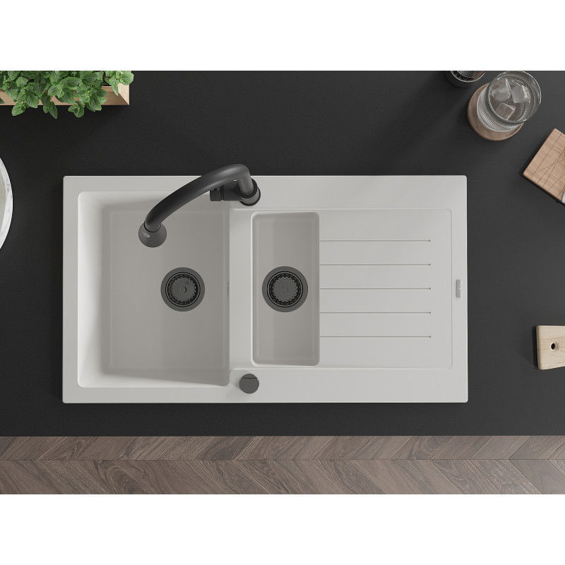 Mexen Matias 1,5 kamrás gránit mosogató csepegtetővel és Elia konyhai csappal, fehér - 6502-20-670101-70
