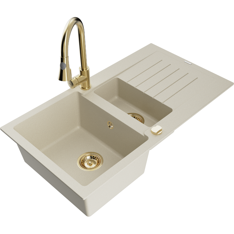 Mexen Matias chiuvetă de granit cu 1,5 compartimente, cu scurgător și baterie de bucătărie Elia, bej - 6502-69-670101-50