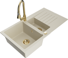 Mexen Matias chiuvetă de granit cu 1,5 compartimente, cu scurgător și baterie de bucătărie Elia, bej - 6502-69-670101-50