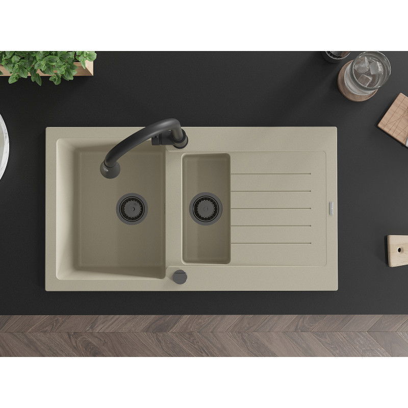 Mexen Matias, 1,5-medencés gránit mosogató csepegtetővel és Elia konyhai csappal, bézs - 6502-69-670101-70