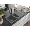 Mexen Matias Chiuvetă de granit de 1,5 compartiment cu picurător și baterie de bucătărie Elia, gri - 6502-71-670101-70