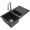 Mexen Matias chiuvetă de granit cu 1,5 compartimente cu scurgător și baterie de bucătărie Elia, negru/argintiu metalic