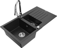 Mexen Matias chiuvetă de granit cu 1,5 compartimente cu scurgător și baterie de bucătărie Elia, negru/argintiu metalic