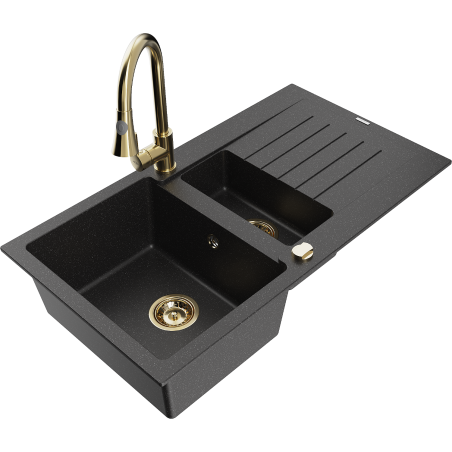 Mexen Matias chiuvetă granit 1,5 compartimente cu scurgător și baterie de bucătărie Elia, negru/argintiu metalizat