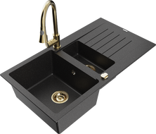 Mexen Matias gránit mosogató 1,5 medencés, csepptálcával és Elia konyhai csapteleppel, fekete/ezüst metál - 6502-73-670101-50