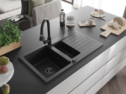 Chiuvetă granit Mexen Matias cu 1,5 cuve, scurgător și baterie bucătărie Elia, negru/argintiu - 6502-73-670101-70-B