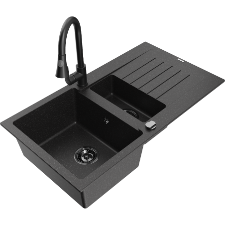 Chiuvetă granit Mexen Matias cu 1,5 cuve, scurgător și baterie bucătărie Elia, negru/argintiu - 6502-73-670101-70-B