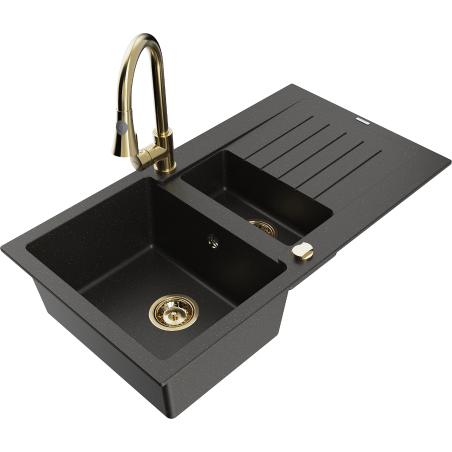 Mexen Matias chiuvetă de granit cu 1,5 camere cu scurgere și baterie de bucătărie Elia, negru/auriu metalizat