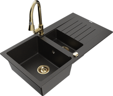 Mexen Matias chiuvetă de granit cu 1,5 camere cu scurgere și baterie de bucătărie Elia, negru/auriu metalizat