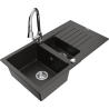 Mexen Matias chiuvetă de granit cu 1,5 compartimente cu scurgător și baterie de bucătărie Elia, negru/auriu metalizat