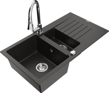 Mexen Matias 1,5 kamrás gránit mosogató csepegtetővel és Elia konyhai csapteleppel, fekete/arany metál - 6502-75-670101-00