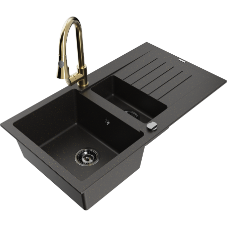 Mexen Matias chiuvetă de bucătărie din granit cu 1,5 compartimente, cu scurgător și baterie de bucătărie Elia,
