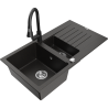 Mexen Matias chiuvetă de granit cu 1,5 compartimente, cu picurător și baterie de bucătărie Elia, negru/auriu metalic