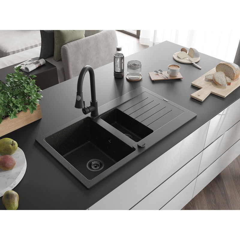 Mexen Matias chiuvetă din granit cu 1,5 cuve cu scurgător și baterie de bucătărie Elia, negru/auriu metalic