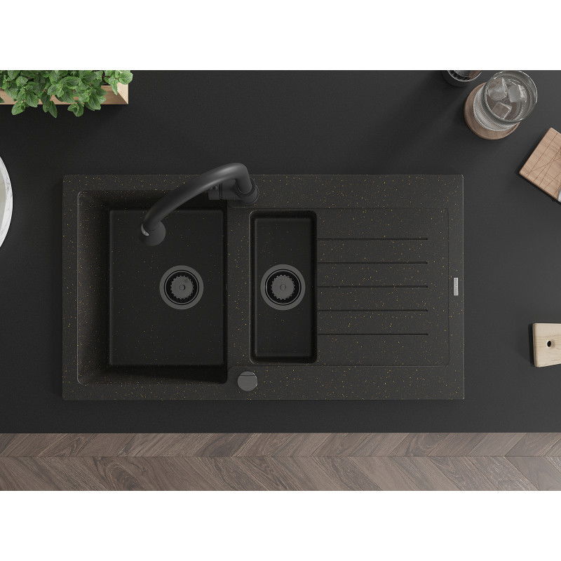 Mexen Matias chiuvetă din granit cu 1,5 cuve cu scurgător și baterie de bucătărie Elia, negru/auriu metalic