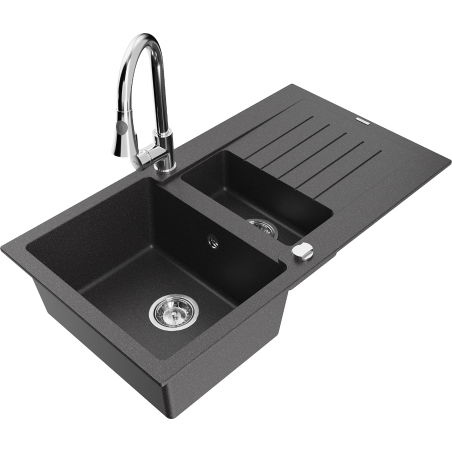 Mexen Matias chiuvetă de bucătărie din granit cu 1,5 compartimente, cu picurător și baterie Elia, negru pistruiat