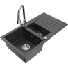 Mexen Matias chiuvetă de bucătărie din granit cu 1,5 compartimente, cu picurător și baterie Elia, negru pistruiat