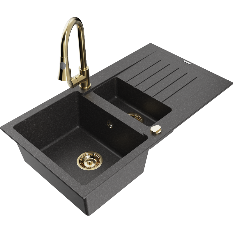 Mexen Matias 1,5-medencés gránit mosogató csepegtetővel és Elia konyhai csapteleppel, fekete pöttyös - 6502-76-670101-50
