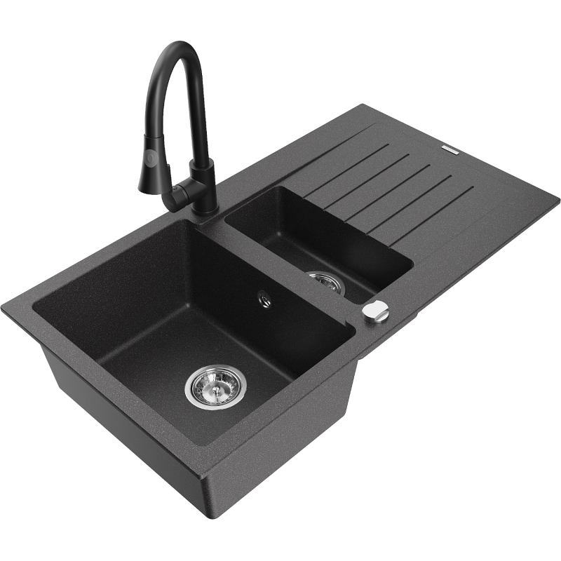 Mexen Matias 1,5 rekeszes gránit mosogató csepegtetővel és Elia konyhai csapteleppel, fekete pettyes - 6502-76-670101-70