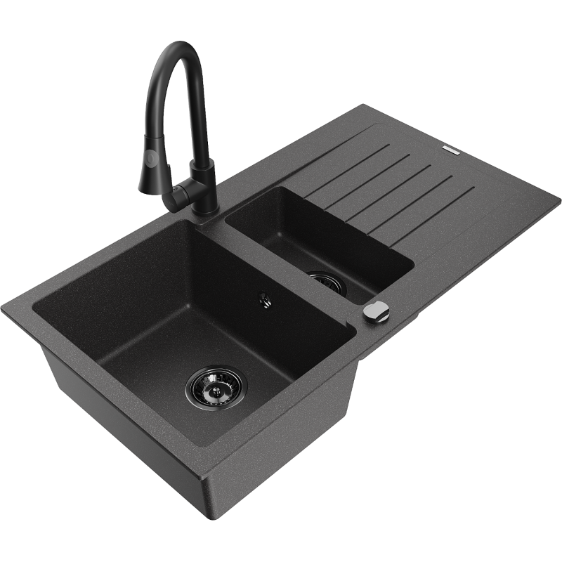Chiuvetă granit Mexen Matias 1,5-bază cu scurgător și baterie bucătărie Elia, negru picurat - 6502-76-670101-70-B