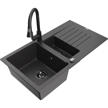 Chiuvetă granit Mexen Matias 1,5-bază cu scurgător și baterie bucătărie Elia, negru picurat - 6502-76-670101-70-B
