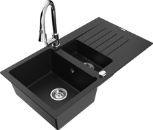 Mexen Matias chiuvetă de granit cu 1,5 compartimente cu scurgător și baterie bucătărie Elia, negru - 6502-77-670101-00