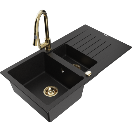 Mexen Matias chiuvetă din granit cu 1,5 compartimente, cu scurgător și baterie de bucătărie Elia, negru - 6502-77-670101-50