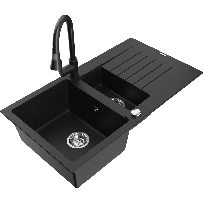 Mexen Matias 1,5 rekeszes gránit mosogató csepegtetővel és Elia konyhai csappal, fekete - 6502-77-670101-70