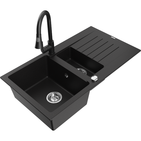 Mexen Matias 1,5 rekeszes gránit mosogató csepegtetővel és Elia konyhai csappal, fekete - 6502-77-670101-70