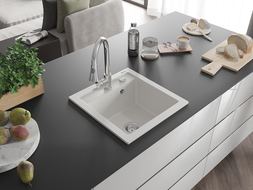 Mexen Vito chiuvetă de bucătărie din granit cu 1 compartiment și baterie de bucătărie Elia, alb - 6503-20-670101-00