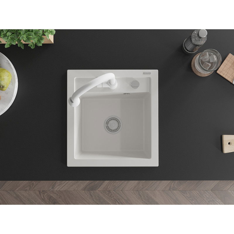 Mexen Vito chiuvetă de granit cu 1 cuvă și baterie de bucătărie Elia, alb - 6503-20-670101-20