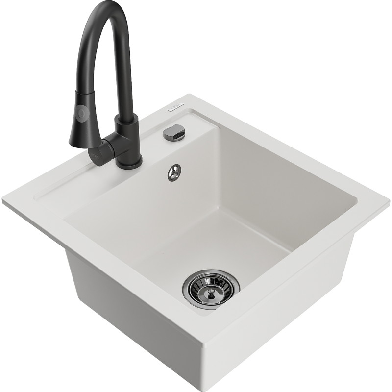 Mexen Vito chiuvetă din granit cu o singură cuvă cu robinet de bucătărie Elia, alb - 6503-20-670101-70