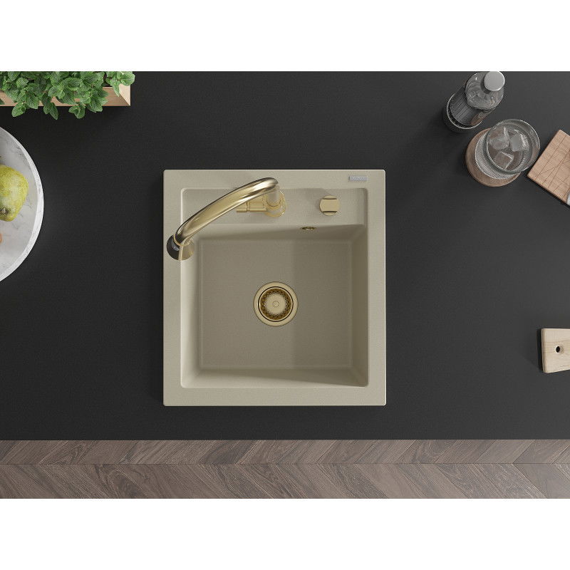Mexen Vito chiuvetă de bucătărie din granit cu 1 compartiment și baterie de bucătărie Elia, bej - 6503-69-670101-50