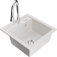 Mexen Vito chiuvetă de bucătărie din granit cu 1 compartiment și baterie de bucătărie Elia, alb - 6503-20-670101-00