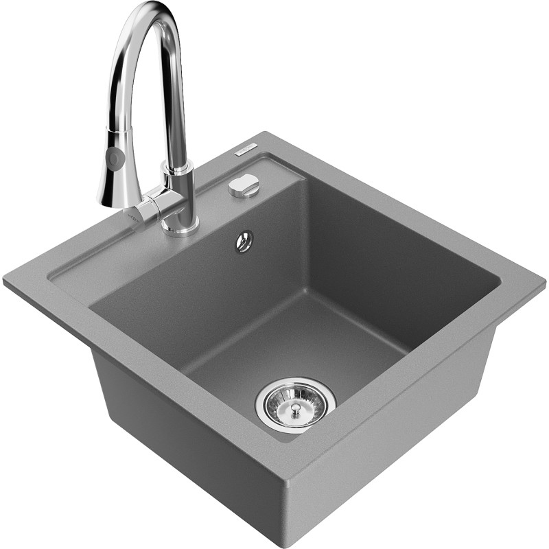Mexen Vito chiuvetă de bucătărie din granit cu o cameră și baterie de bucătărie Elia, gri - 6503-71-670101-00