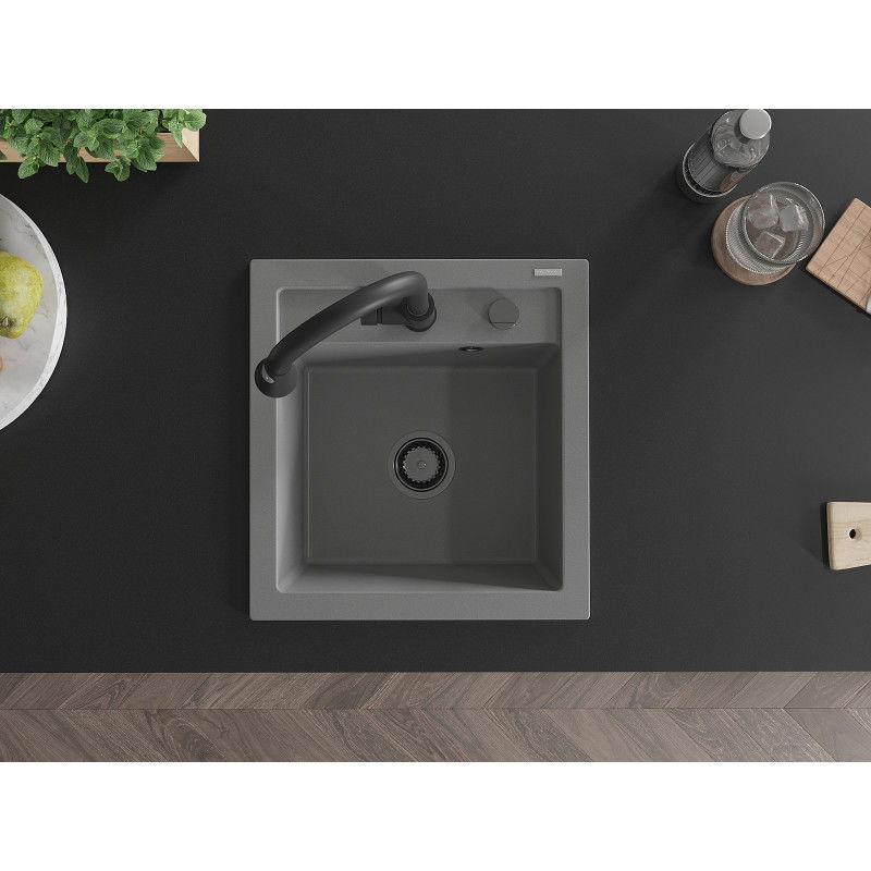 Mexen Vito chiuvetă de bucătărie din granit cu 1 compartiment și baterie de bucătărie Elia, gri - 6503-71-670101-70-B