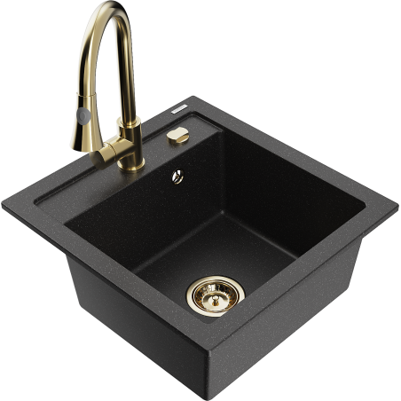 Mexen Vito chiuveta de bucătărie din granit cu 1 compartiment și baterie Elia, negru/metallic argintiu - 6503-73-670101-50