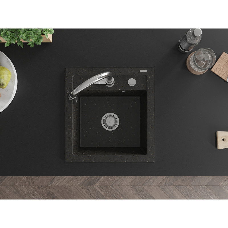 Mexen Vito 1 rekeszes gránit mosogató Elia konyhai csapteleppel, fekete/arany metál - 6503-75-670101-00