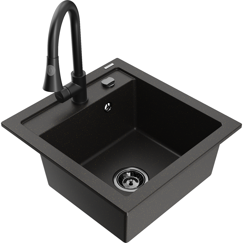 Mexen Vito chiuvetă de granit cu 1 compartiment cu baterie de bucătărie Elia, negru/auriu metalic - 6503-75-670101-70-B
