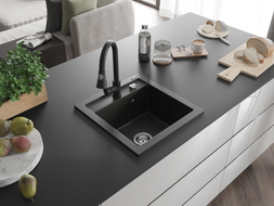 Mexen Vito gránit mosogató 1-medencés konyhai csappal Elia, fekete/arany metál - 6503-75-670101-70