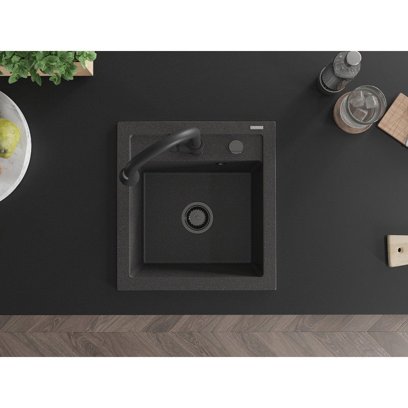 Mexen Vito chiuvetă de bucătărie din granit cu 1 compartiment și robinet de bucătărie Elia, negru pătat - 6503-76-670101-70-B