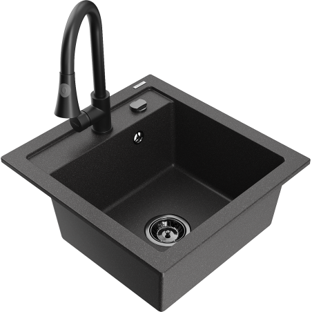 Mexen Vito gránit egytálcás mosogató Elia konyhai csapteleppel, fekete pöttyös - 6503-76-670101-70-B