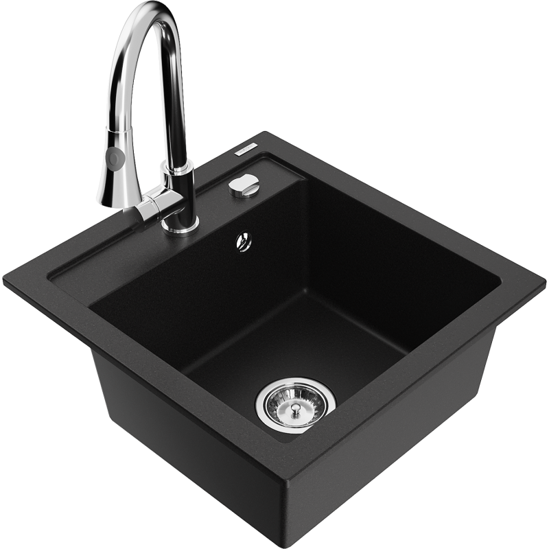 Chiuveta de granit Mexen Vito cu 1 compartiment și baterie de bucătărie Elia, negru - 6503-77-670101-00