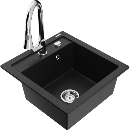 Chiuveta de granit Mexen Vito cu 1 compartiment și baterie de bucătărie Elia, negru - 6503-77-670101-00