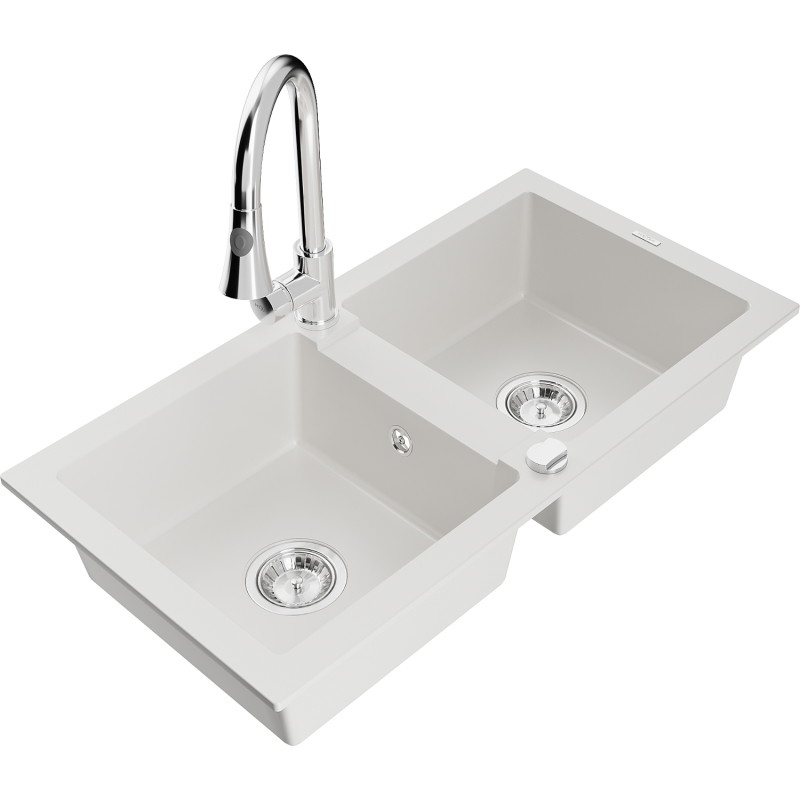 Mexen Mario chiuvetă de bucătărie din granit cu 2 compartimente și baterie Elia, albă - 6504-20-670101-00