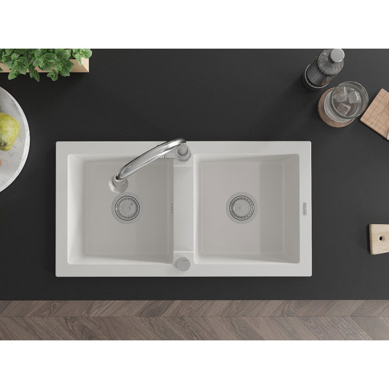 Mexen Mario 2 rekeszes gránit mosogató Elia konyhai csapteleppel, fehér - 6504-20-670101-00